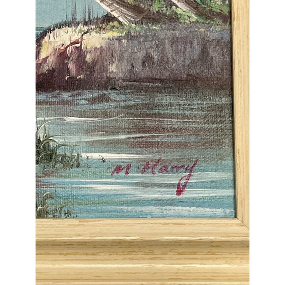 Vintage M. Harry Tropical Pelican Seascape Painting – Framed Canvas Art – 13x10 - Picture 3 of 4